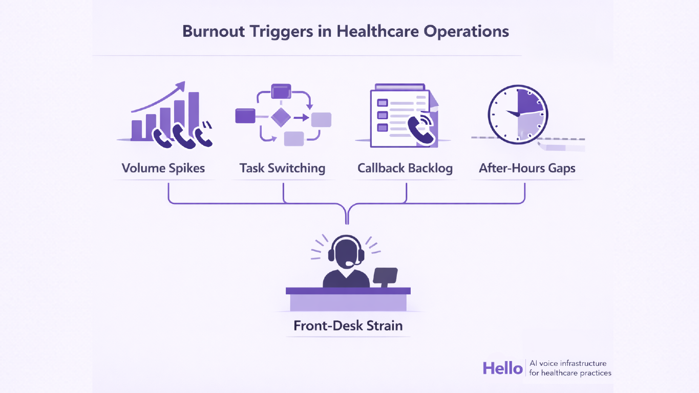 Diagram illustrating the four operational burnout triggers in healthcare: volume spikes, task switching, callback backlog, and after-hours gaps