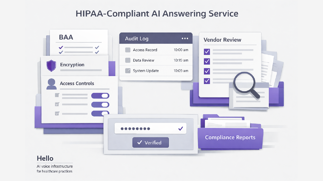 HIPAA compliant AI answering service: clinical workspace with secure communication workflows and privacy-conscious screens in a medical office