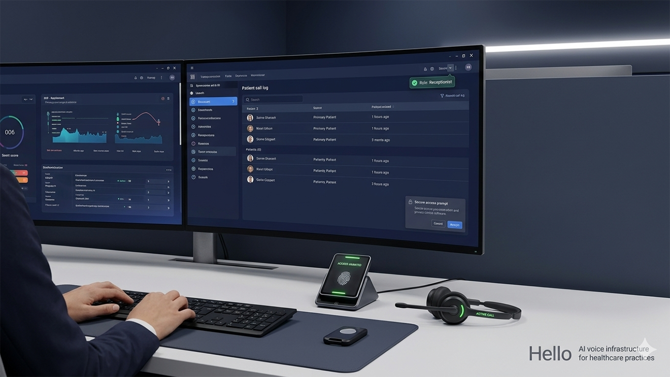 Security infrastructure layers for AI receptionists handling sensitive healthcare calls, showing encryption, access controls, and audit logging