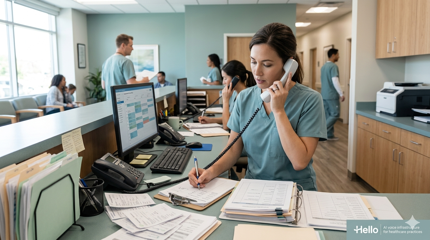 High-volume medical front desk with staff on phones managing message backlog while splitting attention between in-person patients and the call queue