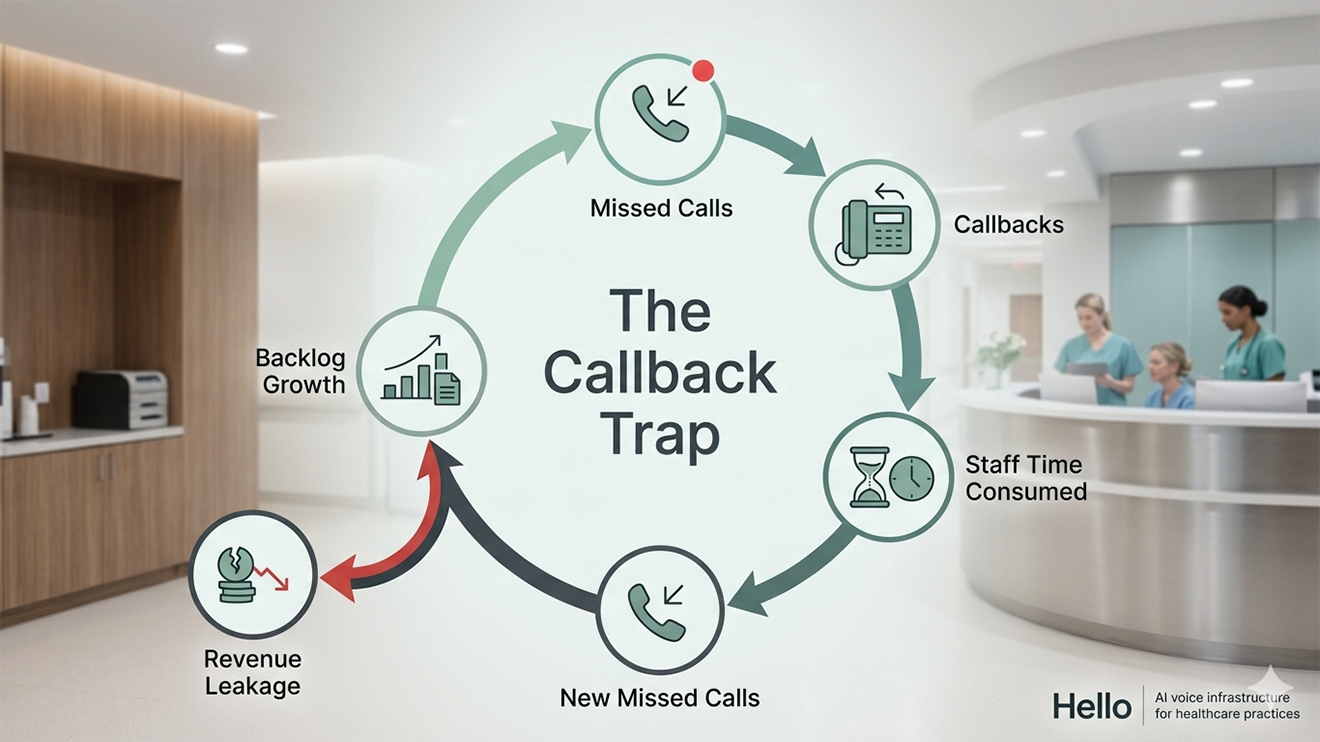 Callback trap diagram showing how missed calls create callback backlog and revenue leakage in medical practices